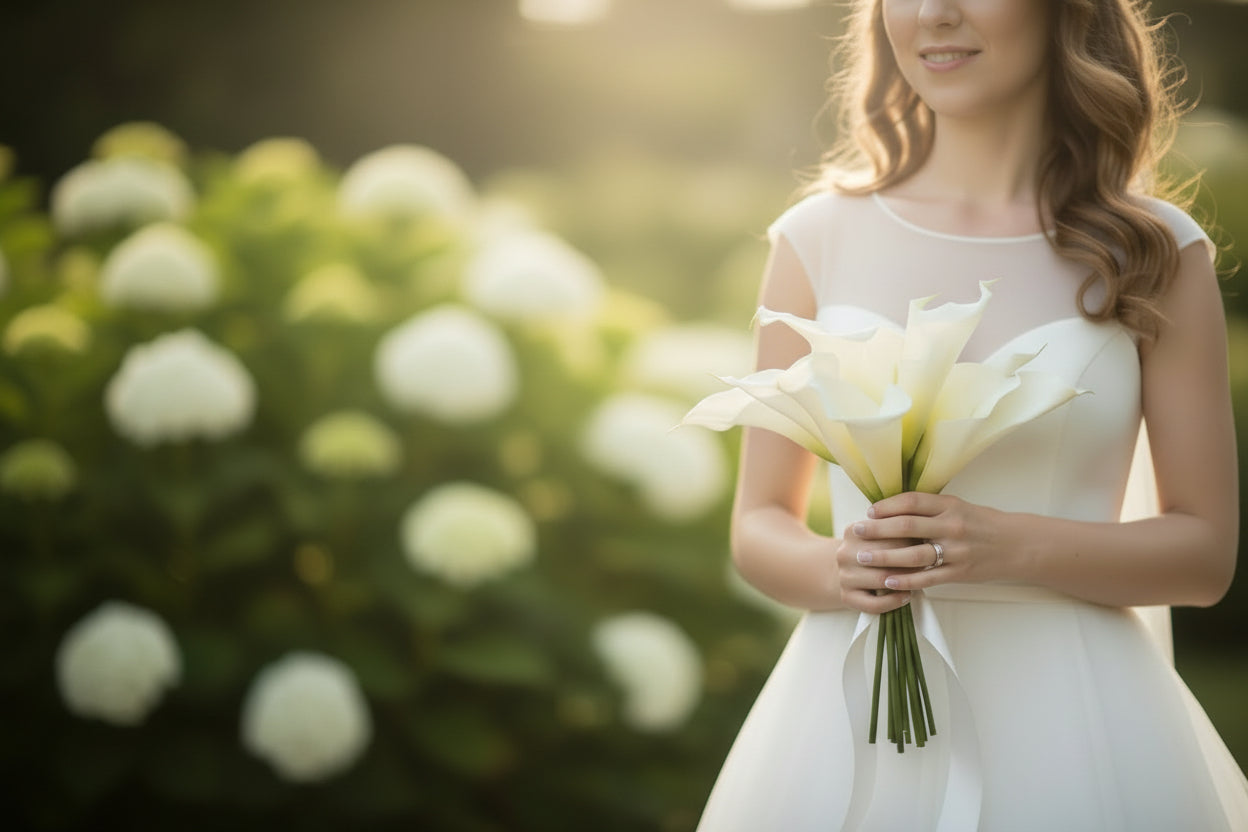 Modern bride holding a calla lily bouquet