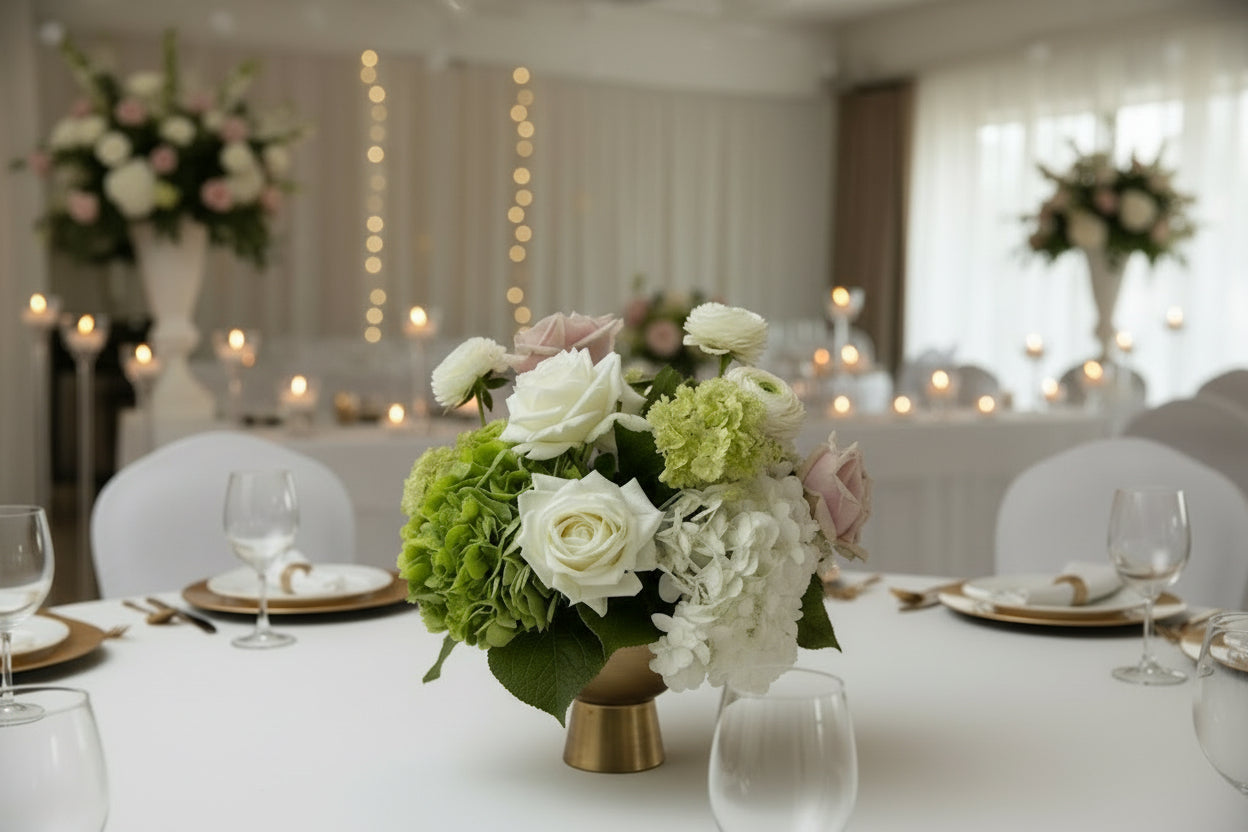 Bouquet of flowers on a wooden table with a window in the background showing trees.