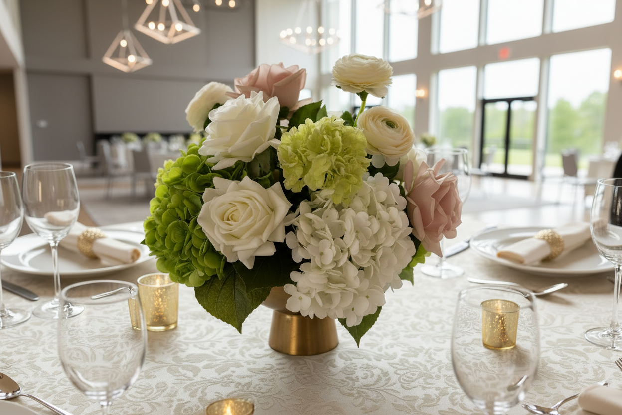 Floral centerpiece on a table with plates, glasses, and candles in a formal setting.